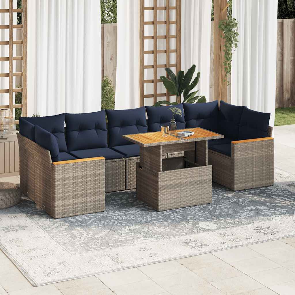 8-tlg. Garten-Sofagarnitur mit Kissen Grau Poly Rattan