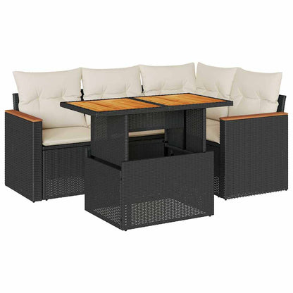 5tlg. Garten-Sofagarnitur mit Kissen Schwarz Poly Rattan Akazie