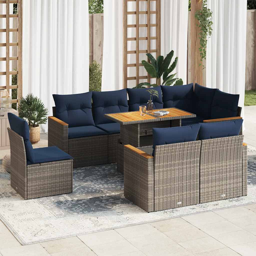 9-tlg. Garten-Sofagarnitur mit Kissen Grau Poly Rattan