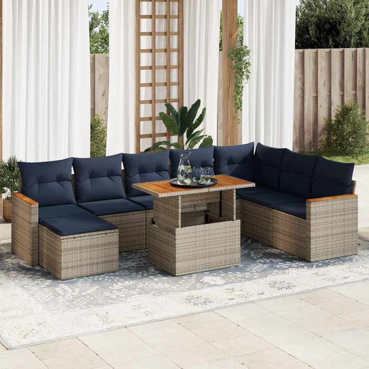 9-tlg. Garten-Sofagarnitur mit Kissen Grau Poly Rattan