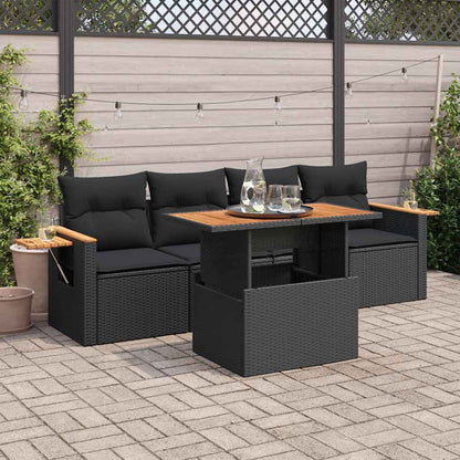 5tlg. Garten-Sofagarnitur mit Kissen Schwarz Poly Rattan Akazie
