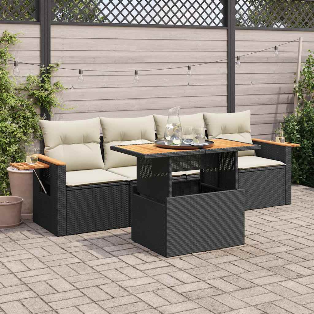 5tlg. Garten-Sofagarnitur mit Kissen Schwarz Poly Rattan Akazie