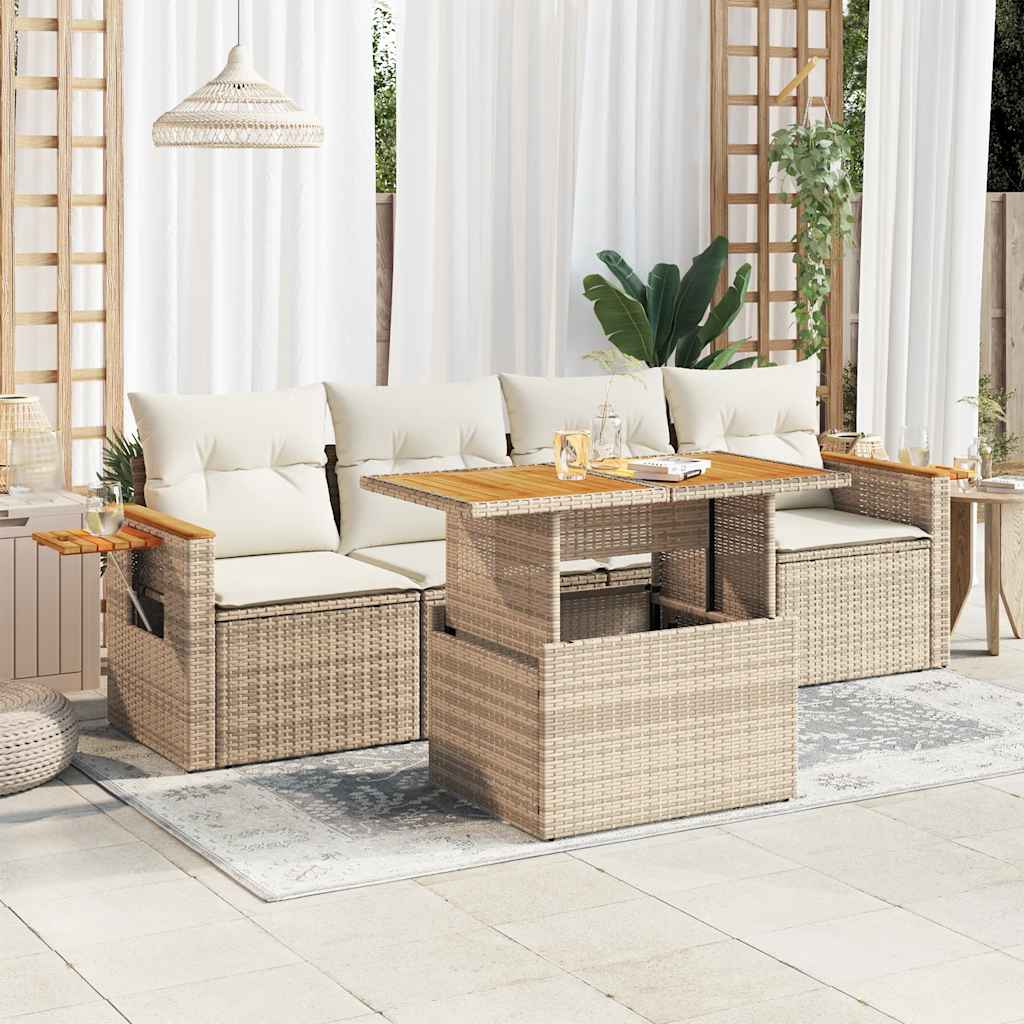 5-tlg. Garten-Sofagarnitur mit Kissen Beige Poly Rattan Akazie