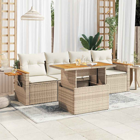 5-tlg. Garten-Sofagarnitur mit Kissen Beige Poly Rattan Akazie