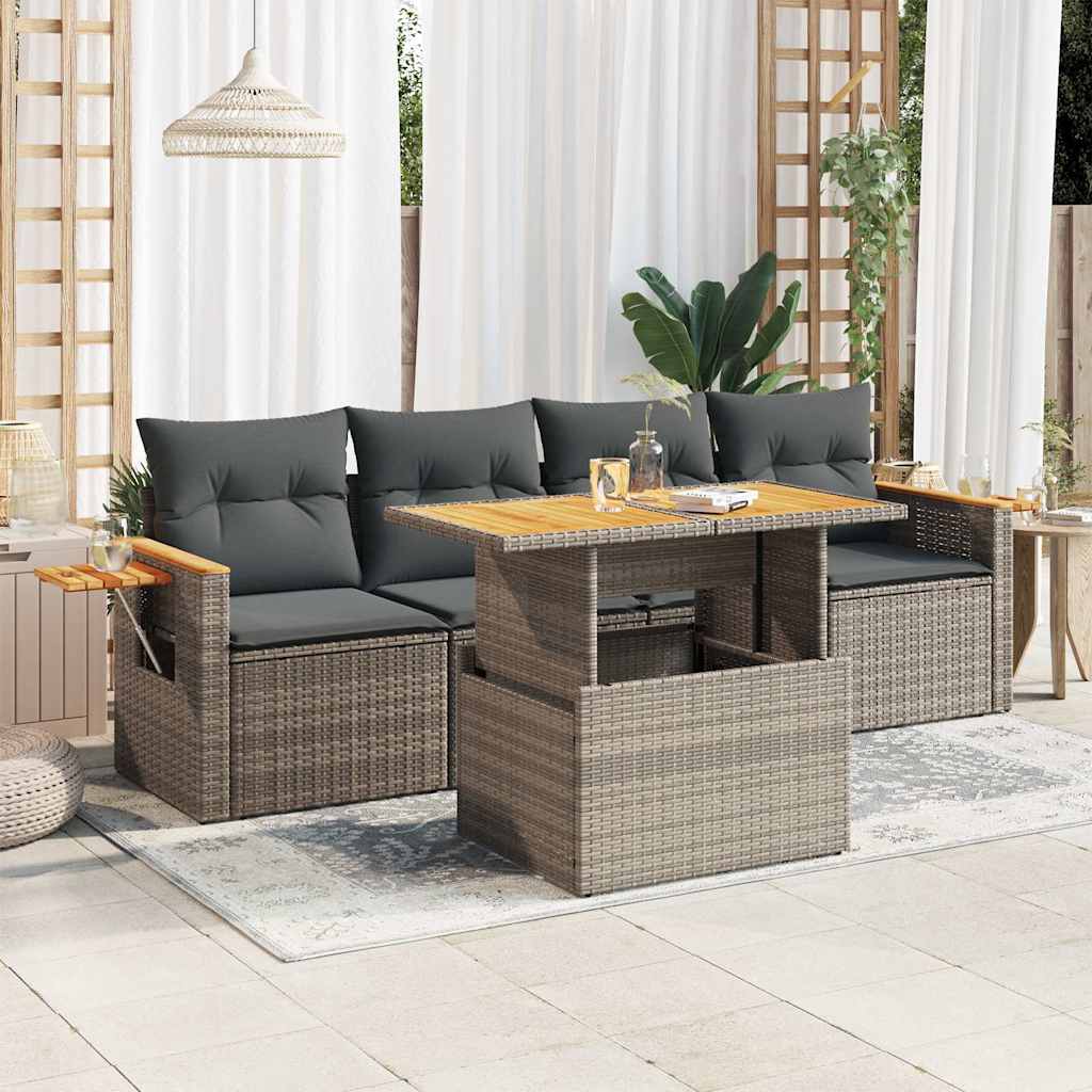 5-tlg. Garten-Sofagarnitur mit Kissen Grau Poly Rattan Akazie