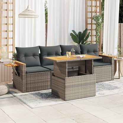 5-tlg. Garten-Sofagarnitur mit Kissen Grau Poly Rattan Akazie