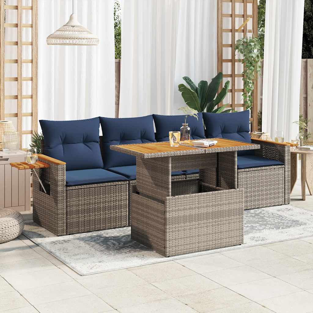 5-tlg. Garten-Sofagarnitur mit Kissen Grau Poly Rattan