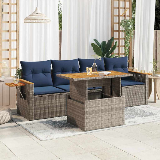 5-tlg. Garten-Sofagarnitur mit Kissen Grau Poly Rattan
