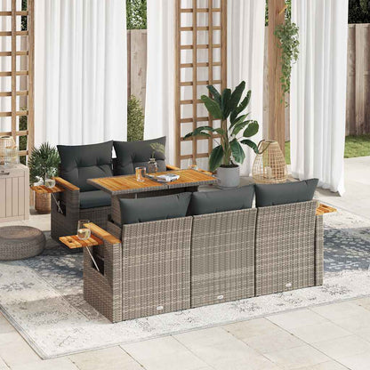 6-tlg. Garten-Sofagarnitur mit Kissen Grau Poly Rattan Akazie