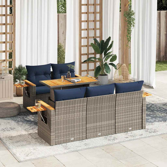 6-tlg. Garten-Sofagarnitur mit Kissen Grau Poly Rattan