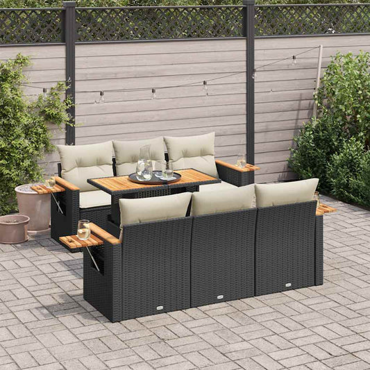 7-tlg. Garten-Sofagarnitur mit Kissen Schwarz Poly Rattan