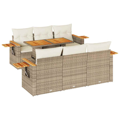 7-tlg. Garten-Sofagarnitur mit Kissen Beige Poly Rattan Akazie
