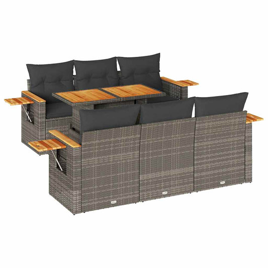 7-tlg. Garten-Sofagarnitur mit Kissen Grau Poly Rattan Akazie