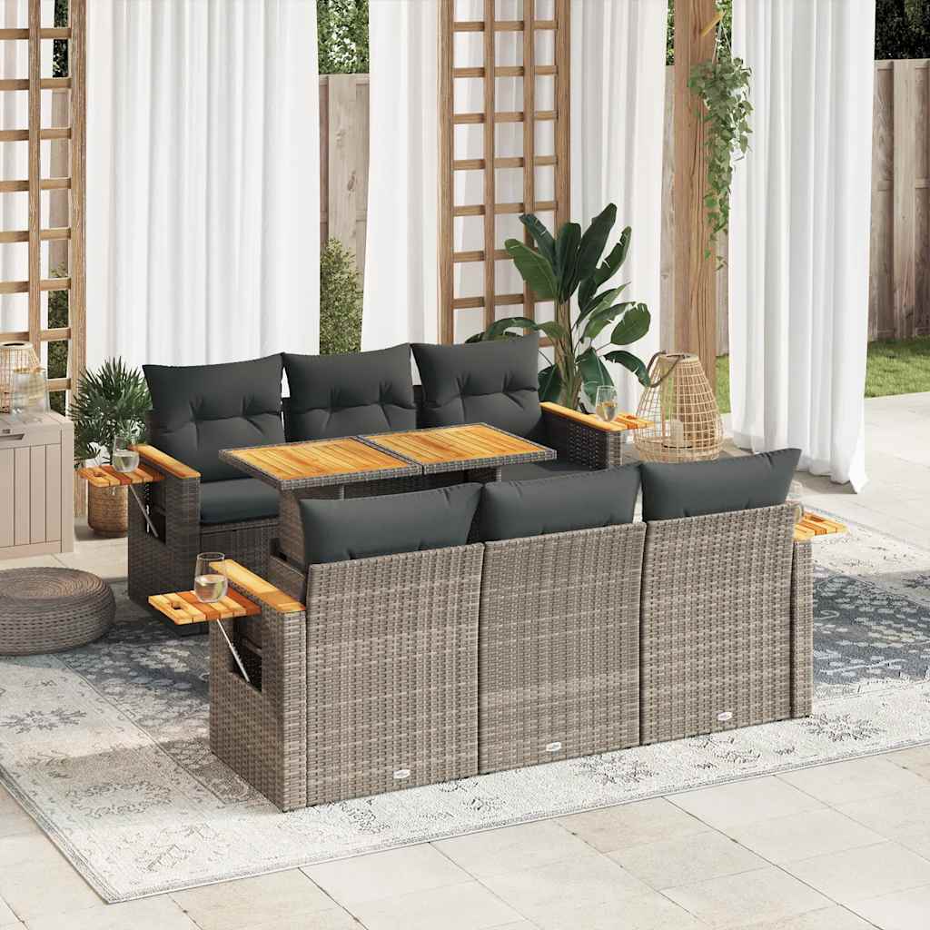 7-tlg. Garten-Sofagarnitur mit Kissen Grau Poly Rattan Akazie