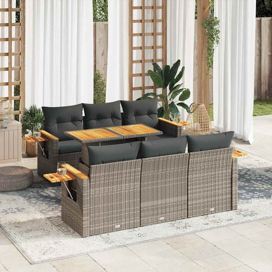 7-tlg. Garten-Sofagarnitur mit Kissen Grau Poly Rattan Akazie