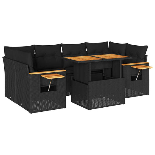 7-tlg. Garten-Sofagarnitur mit Kissen Schwarz Poly Rattan