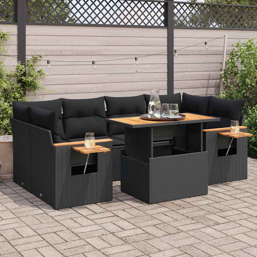 7-tlg. Garten-Sofagarnitur mit Kissen Schwarz Poly Rattan