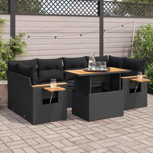 7-tlg. Garten-Sofagarnitur mit Kissen Schwarz Poly Rattan