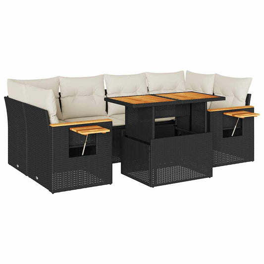 7-tlg. Garten-Sofagarnitur mit Kissen Schwarz Poly Rattan