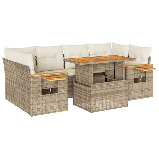 7-tlg. Garten-Sofagarnitur mit Kissen Beige Poly Rattan Akazie