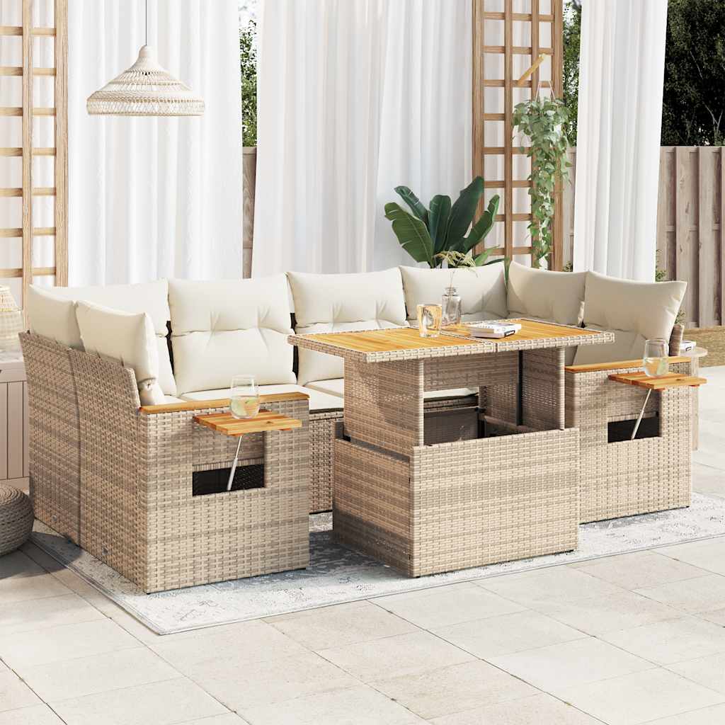 7-tlg. Garten-Sofagarnitur mit Kissen Beige Poly Rattan Akazie