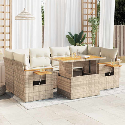7-tlg. Garten-Sofagarnitur mit Kissen Beige Poly Rattan Akazie