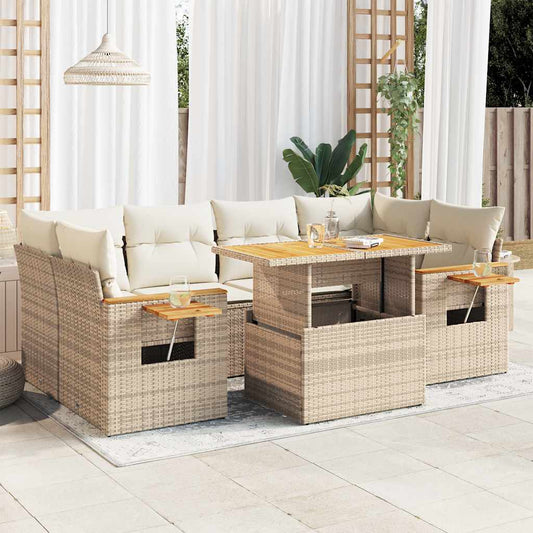 7-tlg. Garten-Sofagarnitur mit Kissen Beige Poly Rattan Akazie