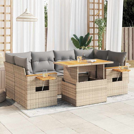 7-tlg. Garten-Sofagarnitur mit Kissen Beige Poly Rattan Akazie