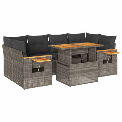7-tlg. Garten-Sofagarnitur mit Kissen Grau Poly Rattan Akazie