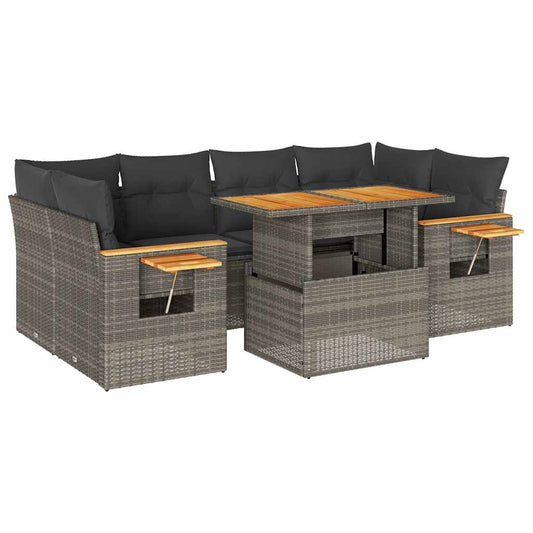 7-tlg. Garten-Sofagarnitur mit Kissen Grau Poly Rattan Akazie