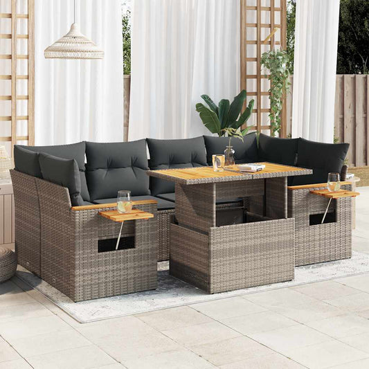 7-tlg. Garten-Sofagarnitur mit Kissen Grau Poly Rattan Akazie
