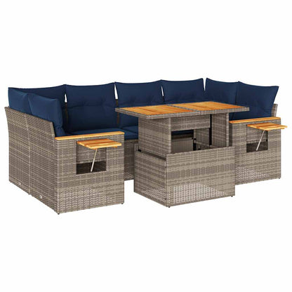 7-tlg. Garten-Sofagarnitur mit Kissen Grau Poly Rattan