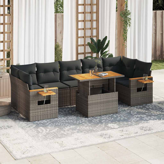 8-tlg. Garten-Sofagarnitur mit Kissen Grau Poly Rattan Akazie