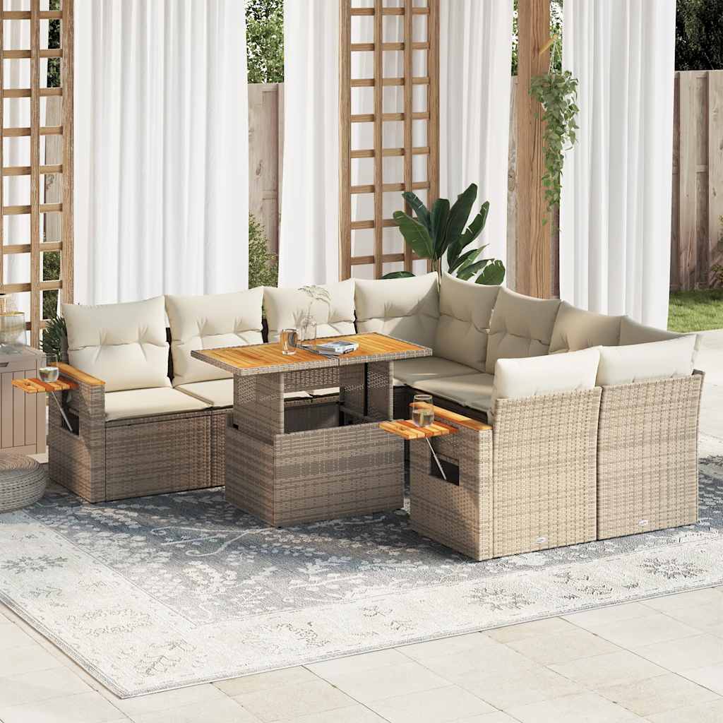 9-tlg. Garten-Sofagarnitur mit Kissen Beige Poly Rattan Akazie