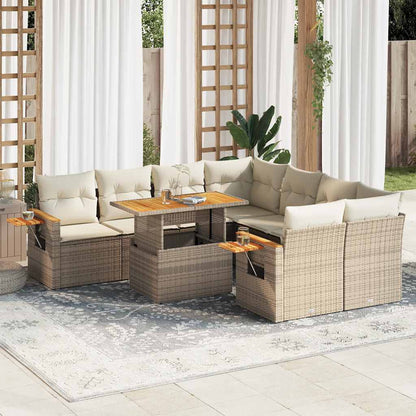 9-tlg. Garten-Sofagarnitur mit Kissen Beige Poly Rattan Akazie