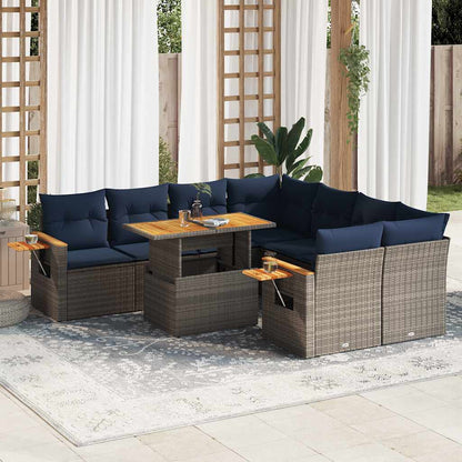 9-tlg. Garten-Sofagarnitur mit Kissen Grau Poly Rattan