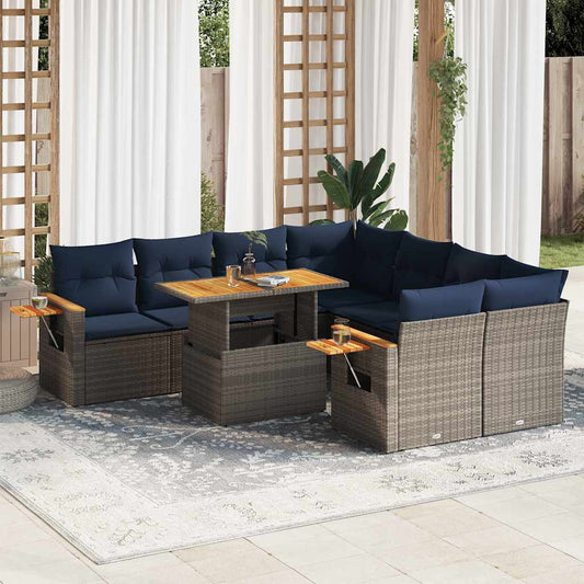 9-tlg. Garten-Sofagarnitur mit Kissen Grau Poly Rattan