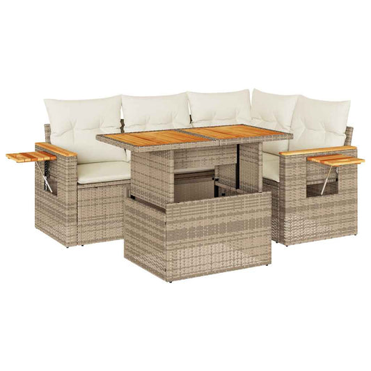 5-tlg. Garten-Sofagarnitur mit Kissen Beige Poly Rattan Akazie