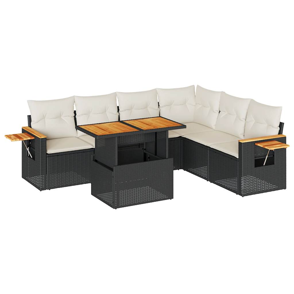 7-tlg. Garten-Sofagarnitur mit Kissen Schwarz Poly Rattan