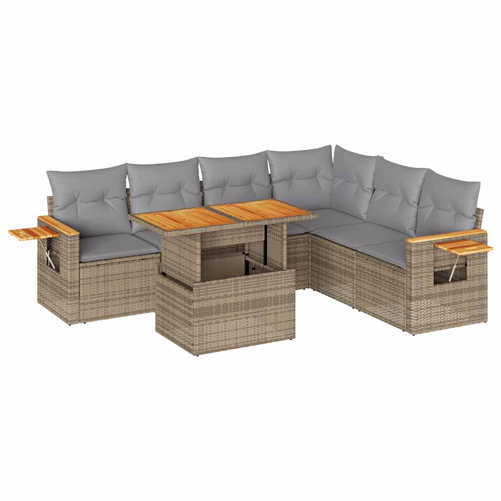 7-tlg. Garten-Sofagarnitur mit Kissen Beige Poly Rattan Akazie