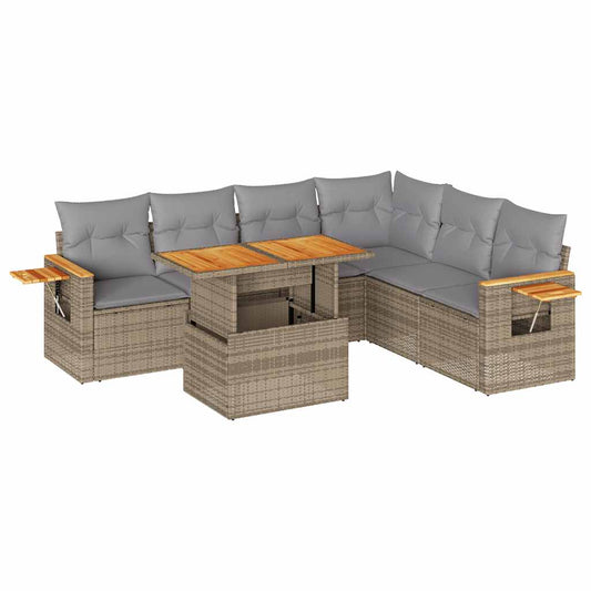 7-tlg. Garten-Sofagarnitur mit Kissen Beige Poly Rattan Akazie