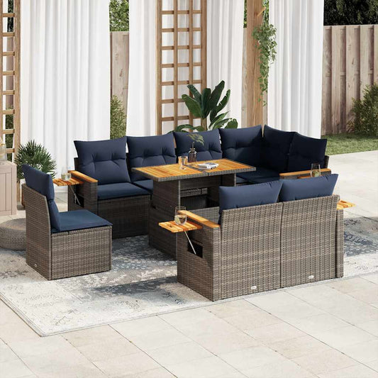 9-tlg. Garten-Sofagarnitur mit Kissen Grau Poly Rattan Akazie