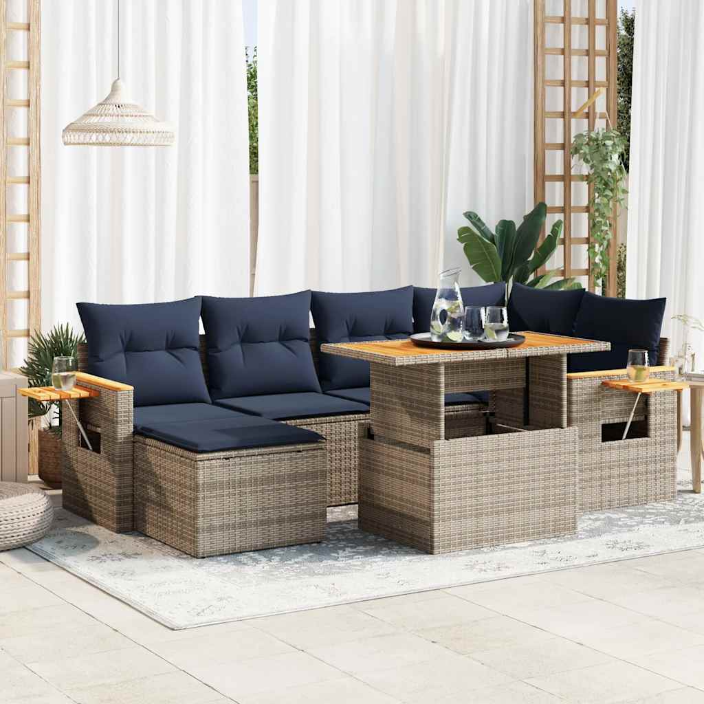 7-tlg. Garten-Sofagarnitur mit Kissen Schwarz Poly Rattan