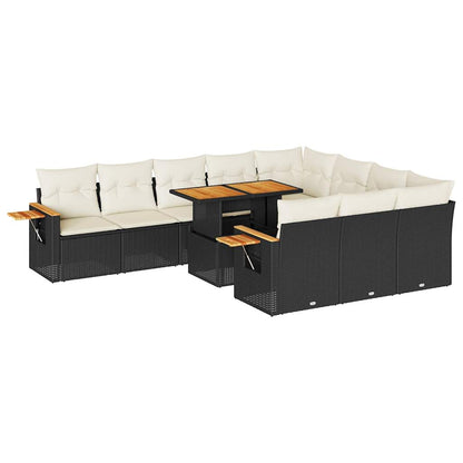 11-tlg. Garten-Sofagarnitur mit Kissen Schwarz Poly Rattan