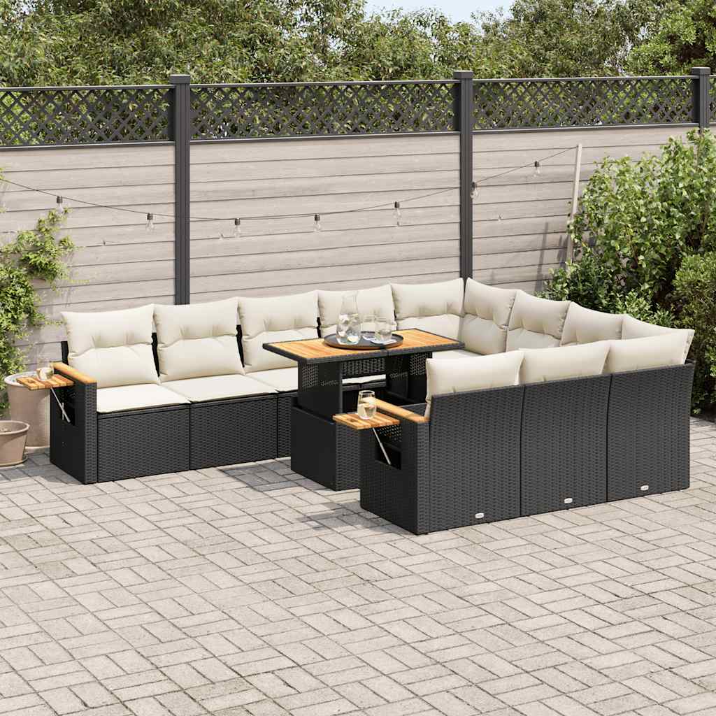 11-tlg. Garten-Sofagarnitur mit Kissen Schwarz Poly Rattan