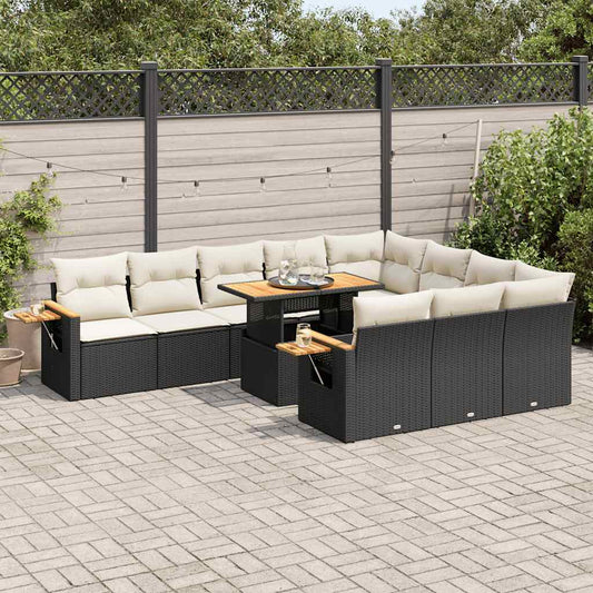 11-tlg. Garten-Sofagarnitur mit Kissen Schwarz Poly Rattan