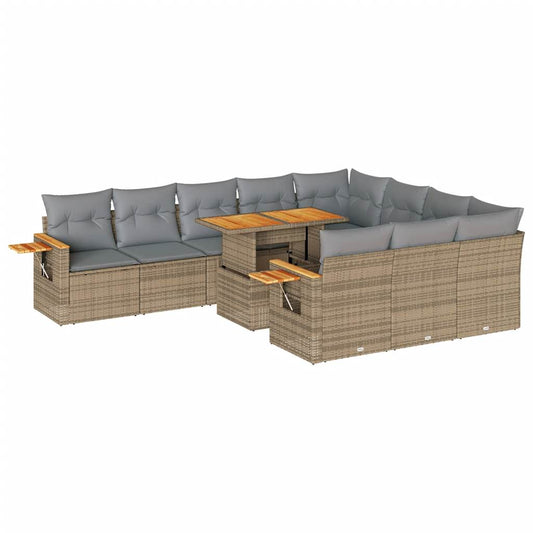 11-tlg. Garten-Sofagarnitur mit Kissen Beige Poly Rattan Akazie