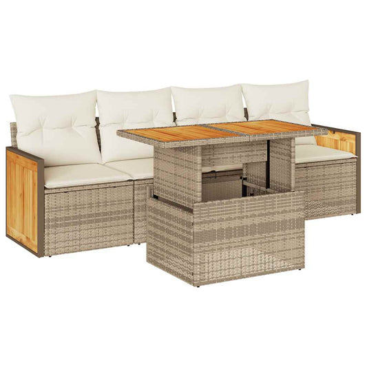 5-tlg. Garten-Sofagarnitur mit Kissen Beige Poly Rattan Akazie