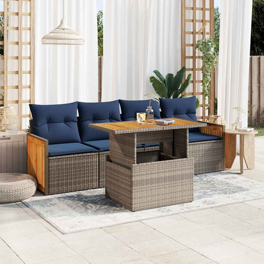 5-tlg. Garten-Sofagarnitur mit Kissen Grau Poly Rattan Akazie