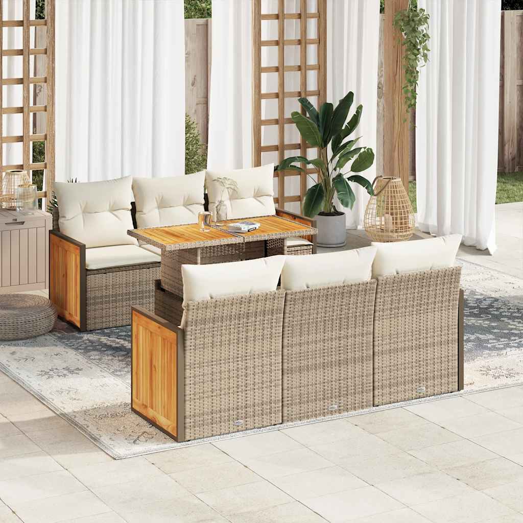 7-tlg. Garten-Sofagarnitur mit Kissen Beige Poly Rattan Akazie